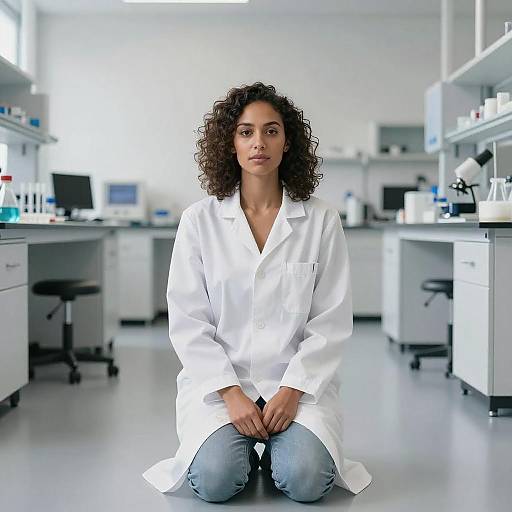 Photograph of a curly-haired woman in a white lab coat kneeling in a bright, sterile laboratory with desks and equipment.