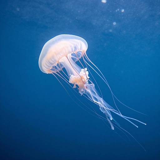Photograph of a glowing, translucent jellyfish with delicate, flowing tentacles and a bright white bell, floating gracefully in deep blue ocean water.