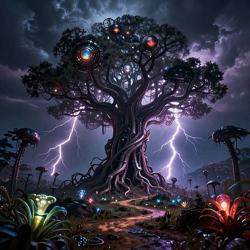Digital fantasy artwork: A towering, bioluminescent tree with glowing orbs and lightning bolts illuminates a stormy night, surrounded by colorful, alien