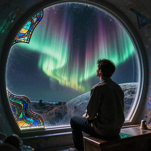 Man Watching Cosmic Auroras Through Stained Glass Window