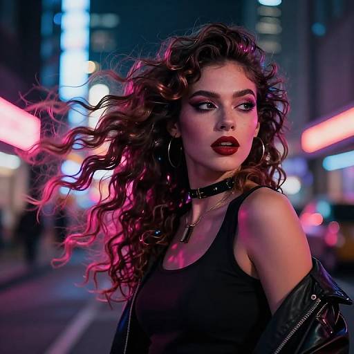 Glossy-haired woman with curly brown hair, dark red lipstick, black choker, sleeveless black top, leather jacket, neon-lit urban