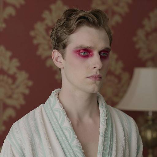 Man with Bold Red Eye Makeup in Patterned Robe