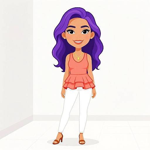Cartoon woman with purple hair, pink ruffled top, white pants, brown sandals, smiling, standing, white background, digital art.