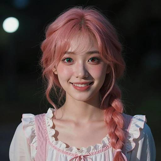 Smiling Young Woman with Pink Hair and Heterochromatic Eyes