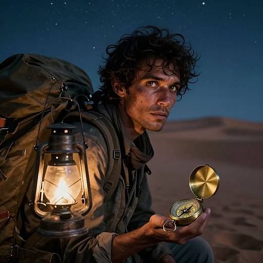 Photograph of a curly-haired, serious-faced man in desert night, holding a lantern and open pocket watch, with stars above.