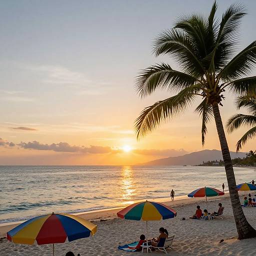Photograph of a tropical beach at sunset, featuring palm trees, colorful umbrellas, people relaxing on the sand, and a radiant orange sky reflecting on
