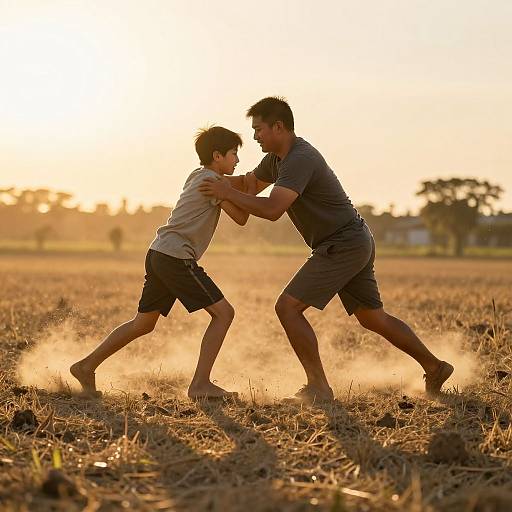 Father and Son Wrestling at Sunset
