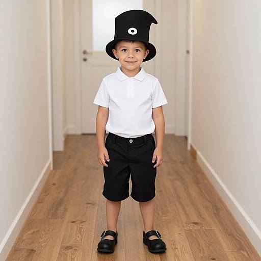 Photograph of a young boy in a white shirt, black shorts, black shoes, and a black top hat standing in a white hallway with wooden floors