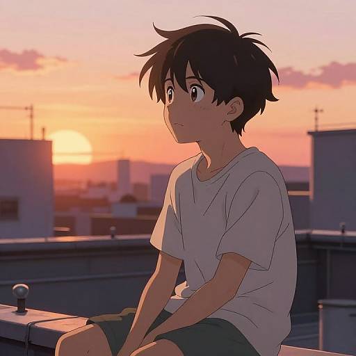 Anime-style digital drawing of a young boy with short, spiky black hair, wearing a white t-shirt and green shorts, sitting on a rooftop at