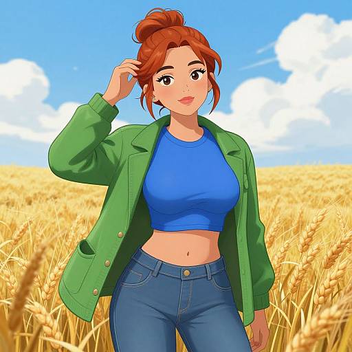 Digital anime-style illustration of a red-haired woman with a bun, wearing a green jacket, blue crop top, and jeans, standing in a golden wheat