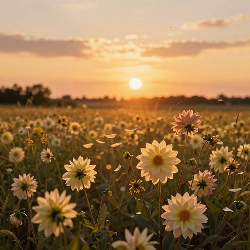 Photograph of a sunlit field filled with white and pink daisies, backlit by a golden sunset, with a cloud-streaked sky