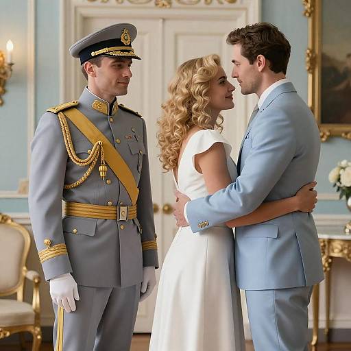 Couple Embracing with Man in Military Uniform