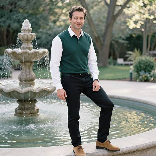 Photograph of a smiling middle-aged man in a green vest, white shirt, black pants, and brown shoes, standing by a fountain in a lush