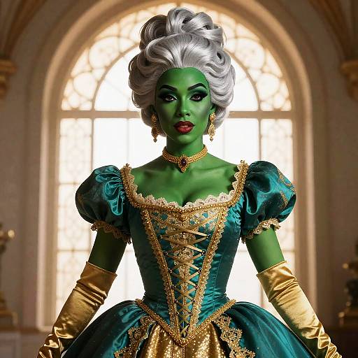 Regal Woman with Green Skin in Elegant Gown