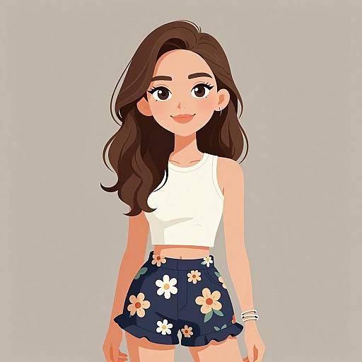 Digital illustration of a smiling young woman with long brown hair, wearing a white crop top and navy floral shorts against a gray background.