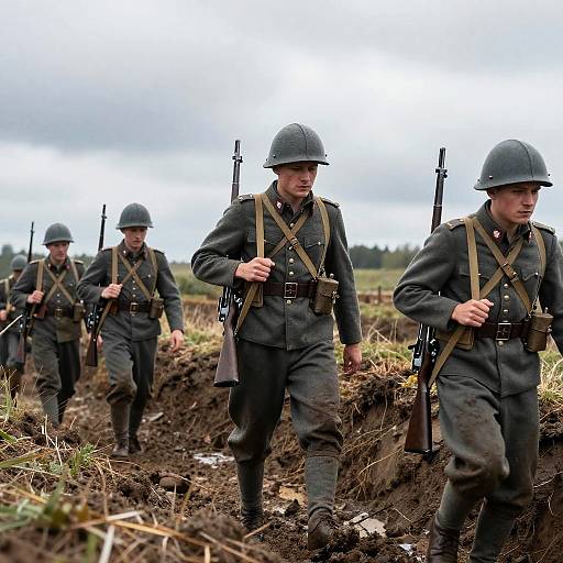 Photograph of four World War II-era soldiers in dark uniforms and steel helmets, marching through muddy, grassy trench under cloudy sky.