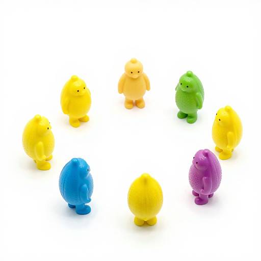 Photograph of nine colorful, round, plush toy chickens in yellow, orange, green, purple, and blue, arranged in a circle on a white
