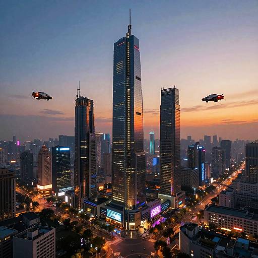 Futuristic Cyberpunk Cityscape at Sunset