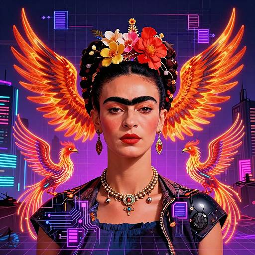 Digital artwork of Frida Kahlo with vibrant orange feather wings, floral crown, red lips, black dress, neon city background.