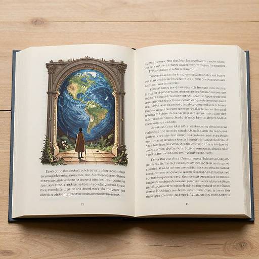 Illustrated open book with a person standing before a framed Earth under swirling blue ocean, text on the right page, wooden table background.