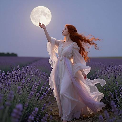 Photograph of a red-haired woman in a flowing white dress, reaching towards a bright full moon in a lavender field at dusk.