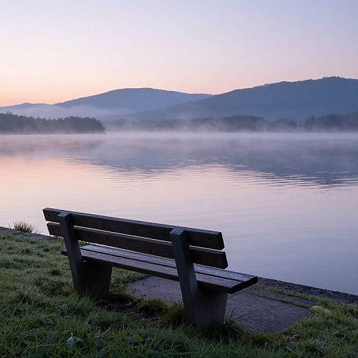 Photograph of a wooden bench on a grassy lakeshore, overlooking a misty, tranquil lake with rolling hills and a pastel sunrise sky