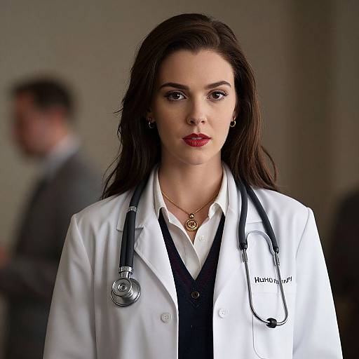 Photograph of a serious, red-lipped, dark-haired female doctor in a white coat with a stethoscope, gold necklace, and black vest