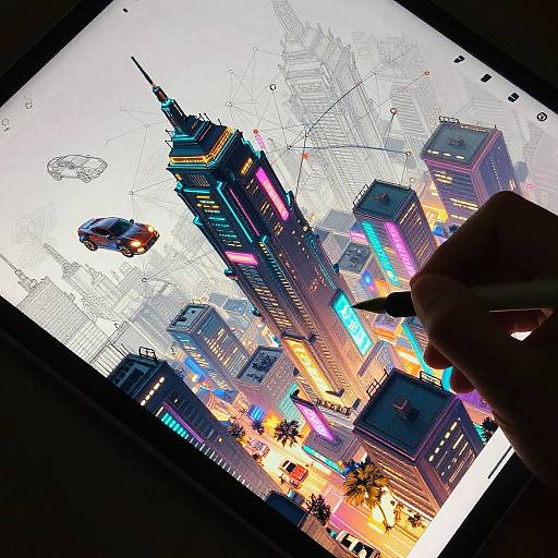 Digital drawing of a neon-lit futuristic cityscape, viewed through a tablet, with a silhouetted hand in the foreground. Bright colors,