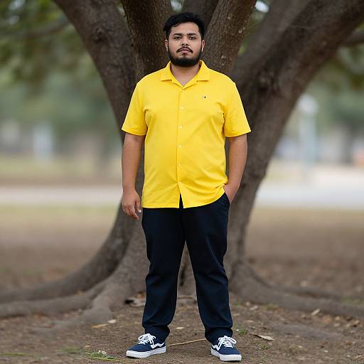 Photograph of a young South Asian man with a beard, wearing a bright yellow shirt, black pants, and black sneakers, standing in a park with