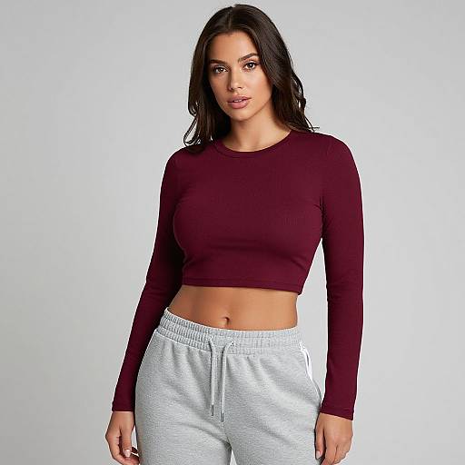 Photograph of a young woman with long dark hair, wearing a maroon long-sleeve crop top and light gray sweatpants, standing against a