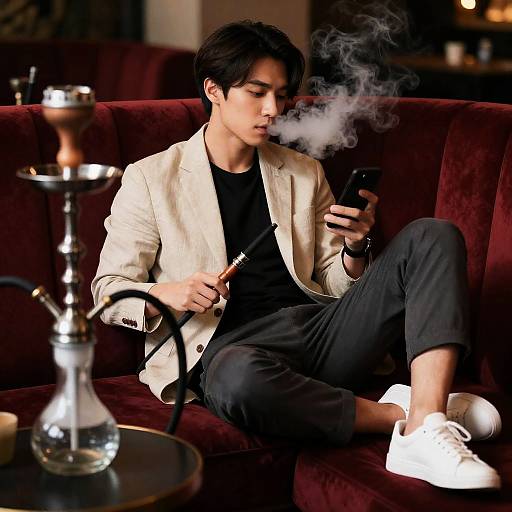 Man Smoking Shisha on Plush Sofa
