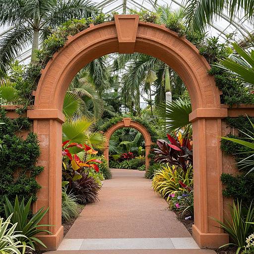 Photograph of a vibrant garden pathway with two orange brick arches, lush greenery, and colorful tropical plants, under a glass conservatory roof.