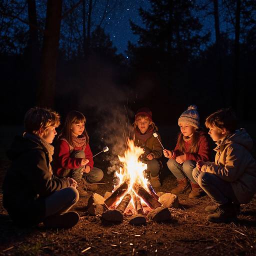 Children Around Campfire Under Starry Sky