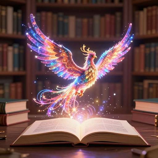 Digital artwork: Vibrant, glowing phoenix with multicolored wings emerges from an open book on a library table, surrounded by books and soft light.