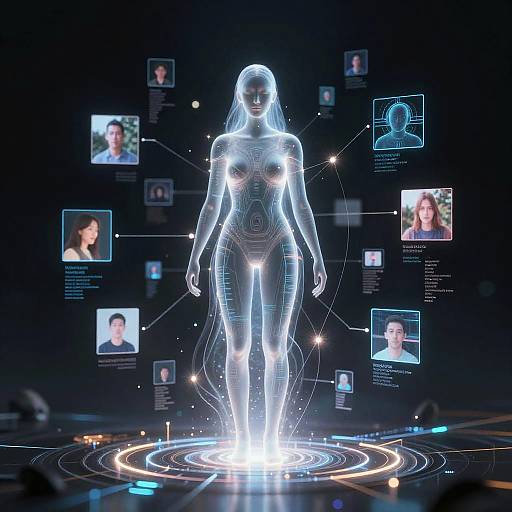 Digital CGI of a glowing, semi-transparent female figure with intricate circuitry, surrounded by floating profile photos, set against a dark, futuristic background with neon