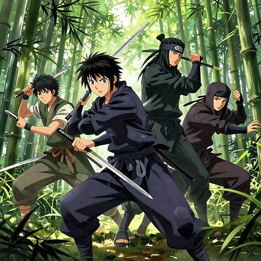 Digital anime artwork of four ninja warriors with black outfits and katana swords in a dense bamboo forest. They pose in dynamic combat stances, ready for