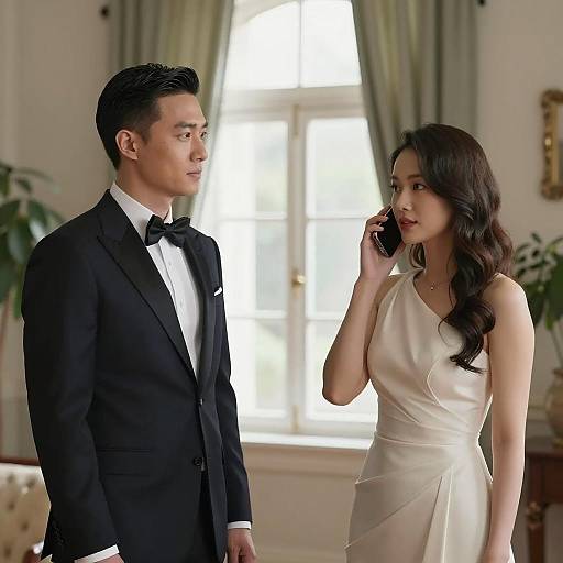 Elegant Couple Indoors with Woman on Phone