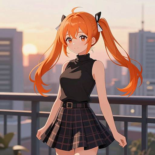 Anime-style digital drawing of a cute, orange-haired girl with twin tails, wearing a black sleeveless top and plaid skirt, standing on a balcony