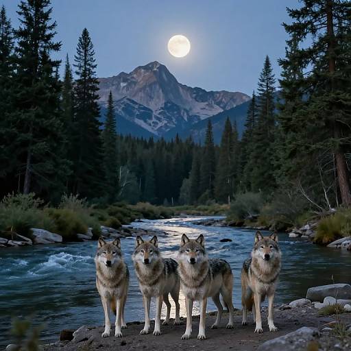 Photograph of four wolves standing on a rocky riverbank at twilight, with a full moon shining over a mountain range and dense pine forest in the background