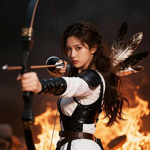 Warrior Woman Aiming in a Fiery Battle