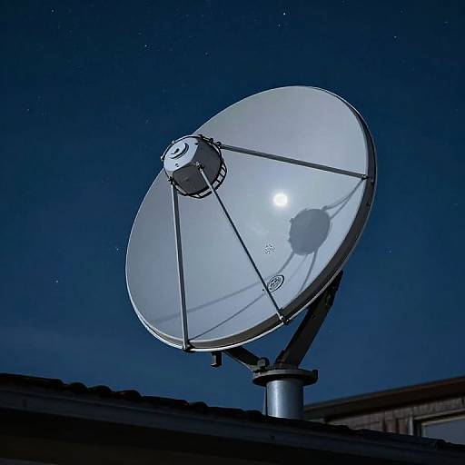Photograph of a large, white, circular satellite dish against a night sky with stars, mounted on a silver pole.