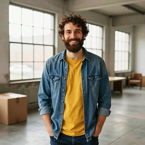 Photograph of a smiling, curly-haired bearded man in a yellow shirt and blue denim jacket, standing in a bright, industrial-style room with large