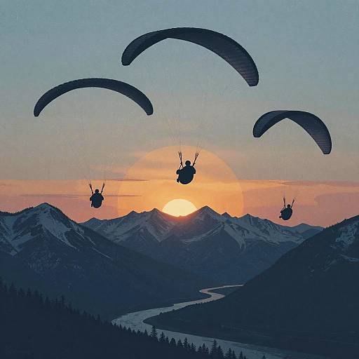 Photograph of three paragliders silhouetted against a sunset over snowy mountains, with curved paragliding wings and a winding river