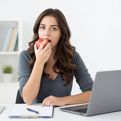 Woman Eating Apple at Desk