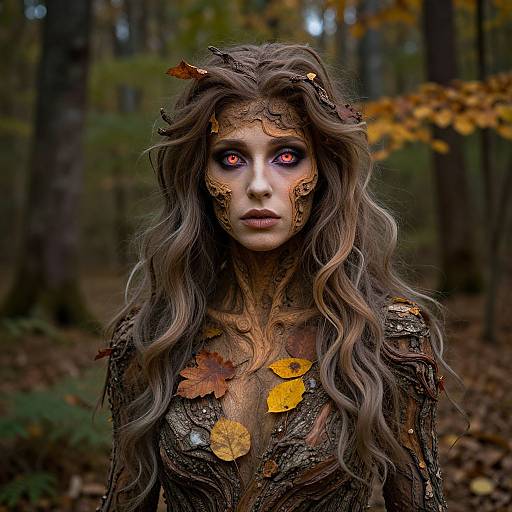 Photograph of a mysterious, ethereal woman with long, wavy brown hair, wearing autumn leaves as makeup, and a dark, leafy dress