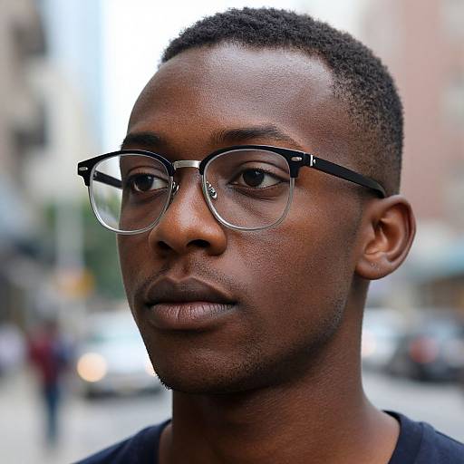 Photograph of a young Black man with short-cropped hair, wearing black-rimmed glasses, gazing slightly to the right, in a blurred