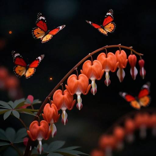 Photograph: Vibrant red-orange butterflies with black and white accents hover around a curved row of bright orange-red bleeding heart flowers against a dark, blurred