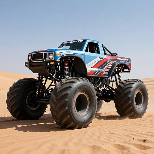 Photograph of a blue and red monster truck with large black tires, suspension, and 