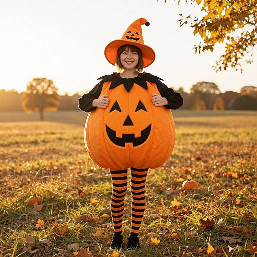 Joyful Pumpkin Costume in Autumn Field