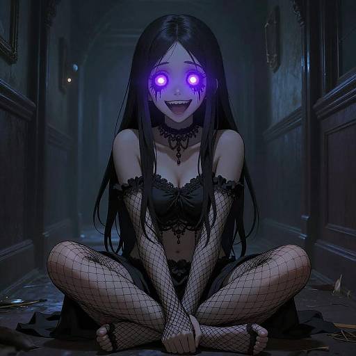 Digital anime-style drawing of a glowing-eyed, black-haired girl with sharp teeth, wearing black lace lingerie and fishnet stockings, sitting cross-legged in a
